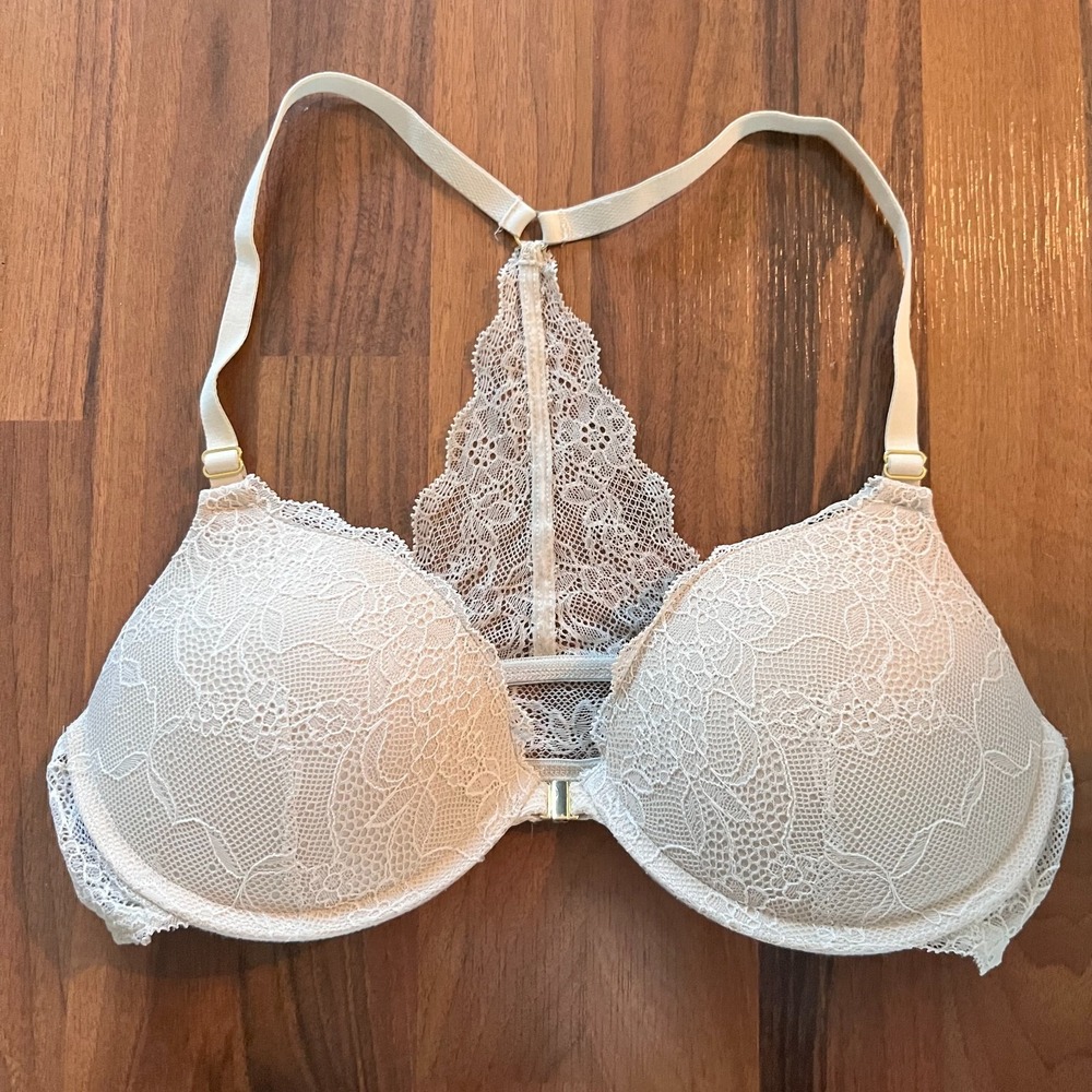 Pepper Padded Underwire Racerback Bra Ecru Beige Front Clasp Sz 38B Lace Floral